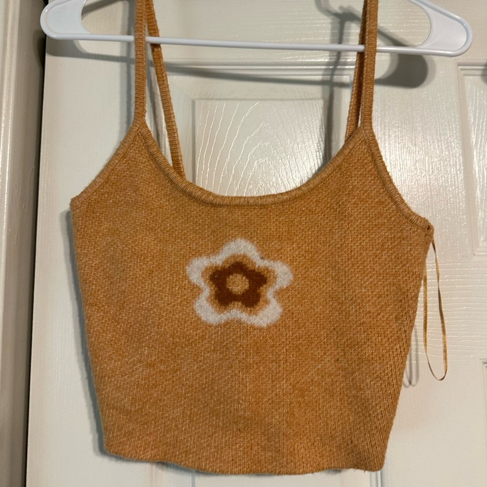 La Hearts Tan Knit Tank Top with Floral Accent
